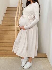 SHEIN 孕妇纯色圆领长袖腰系带休闲连衣裙 - 杏色 - 查看 3