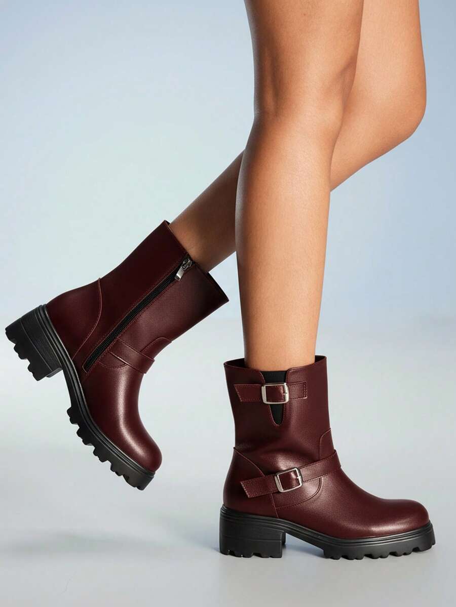 CUCCOO GRLICON 女士踝靴，Y2K风格，朋克风，机车风，酷女孩风，适合万圣节、圣诞节、派对等场合 - 酒紅色 - 查看 1