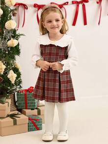 SHEIN Váy thu cho trẻ sơ sinh và bé gái, 6 tháng - 3 tuổi, họa tiết kẻ caro đỏ thời trang phong cách trường học có nơ 3D, cổ nhún bèo, tay bồng, thoải mái và mềm mại, thích hợp mặc vào mùa xuân, mùa thu, mùa đông, mặc thường ngày, làm quà tặng - Màu Đỏ Sâu - Xem 7