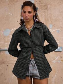 COUREZ 长袖修身格子衬衫 / 女士 Y2K 复古外出上衣 优雅外出装 - 黑色 - 查看 4