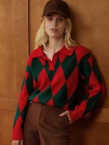 Elnivra Áo len chui đầu tay dài cổ polo kiểu Pháp, họa tiết kim cương, thiết kế cài nửa nút, màu kaki, dành cho nữ, mùa thu/đông - Đỏ - Xem 6