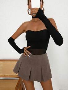 SHEIN Unity Women's Solid Color Pleated A-Line Skirt, Casual & Versatile - Khaki - View 4
