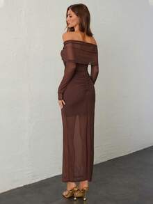 Aloruh 1 pieza Vestido marrón para mujer con hombros descubiertos, calado y fruncido - Café - Ver 5