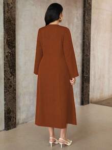 Roveilla Plus Size Women Vintage Elegant Autumn Brown Long Sleeve Dress,Minimalist Conservative Casual Solid Rust Brown Tea Party Elegant Dress For Women - Orange - View 2