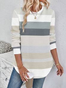 SHEIN LUNE Autumn/Winter Round Neck Plaid Casual White Comfortable Sweatshirt With Curved Hemline And Side Slits Long Sleeve Striped Top,Fall,Fall Clothes For Women - Multicolor - View 4