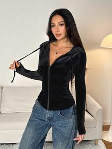 SHEIN PETITE 純色前拉鍊長袖簡約休閒天鵝絨修身連帽外套，小碼女款 - 黑色 - 查看 8