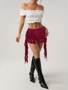 SHEIN ICON Low Waist Vacation Style Casual Sexy White Lace Ruffle Hem Mini Skirt With Safety Shorts To Prevent Upskirt - Burgundy - View 5