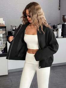 EURMUSE Women's Cropped Bomber Jacket With Elastic Hem And Minimalist Design, Stylish And Versatile Outerwea - Black - View 7