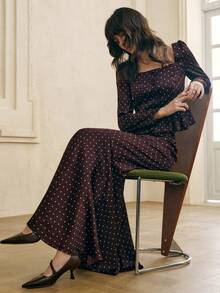 Cévolie 女士优雅波尔卡圆点印花方领上衣和长裙两件套 - 棕色 - 查看 6