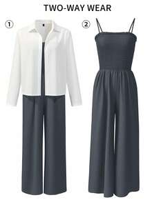 Franclia 女式休闲白衬衫和黑色连体裤两件套 - 深灰色 - 查看 4