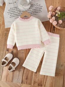SHEIN Vintaside Kids 2pcs Baby Girls Pink Stripe Knit Sweater And Wide Leg Pants Set,Cute Family Matching Autumn/Winter Elegant Fashionable Knitted Outfit Warm Co-Ord - Multicolor - View 1