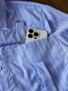 SWAVVY Woven Striped Printed Casual Shirt Suitable For Everyday Wear, Baggy Short Sleeve Button Up Stripe Blue Shirt