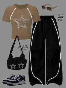 Sparklyn 2 件套休闲 T 恤和裤子套装，适合青少年女孩，胸前印有白色星星，白色装饰抽绳，适合散步、购物、上学，可搭配夹克、背心 - 卡其色 - 查看 3