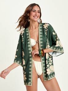 CAJUNI Kimono da donna con stampa floreale, casual e ampio, ideale per vacanze