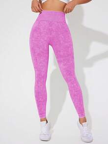 SHEIN Sports 女士纯色简约日常紧身裤 - 玫紅色 - 查看 4
