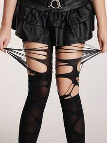 ROMWE Grunge Punk 1双极简黑色过膝袜+1双黑色小腿袜+1双破洞黑色连裤袜，Y2K风格连裤袜叠穿组合套装，日常百搭半透明性感弹力连裤袜 - 黑色 - 查看 3