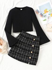 SHEIN 青少年女孩黑色针织喇叭袖上衣和开衩下摆格子裙套装，基本款和百搭款，休闲学院风服装，少女服装，开学季 - 黑色 - 查看 9