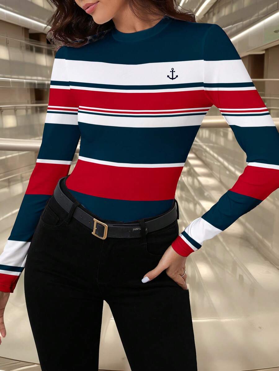 SHEIN Clasi 休闲简约红白蓝航海条纹复古风格针织打底T恤，百搭秋冬 - 彩色 - 查看 1