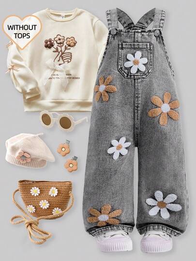 SHEIN 女婴洗水牛仔背带裤，花卉印花宽松连体裤