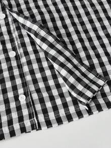 ESTAVOR Áo sơ mi nam ca rô đen trắng thời trang tay ngắn dáng rộng thêu họa tiết thường ngày - Đen và trắng - Xem 8