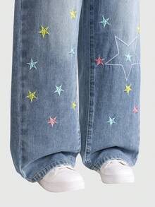 Explorewe SHEIN KIDS Tween Girls Jeans,  Gifts For 11 Year Old Girls,New Arrival For Fall/Winter 2025, American Vintage Fashion Star Embroidery Design, Children's Relaxed Fit Straight Leg Loose Jeans, Suitable For Outings, School, Commute, Parties, Christmas Celebrations And Home Wear Star Jeans Jeans With Design Embroidery Jeans Baggy Star Jeans Tween Jean Pants Star Embroidered Jeans - Blue - View 3