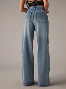 SHEIN BAE 女式休闲水洗水钻直筒牛仔裤 - 淺色水洗藍 - 查看 2