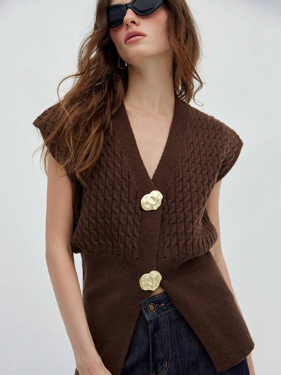 Aveloria Modichic Áo len cardigan dệt kim cổ chữ V phía trước và viền xẻ tà phong cách Châu Âu & Mỹ thanh lịch cho quý cô thoải mái thanh lịch không đối xứng - Cà phê nâu - Xem 1
