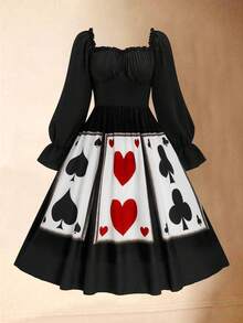Sweetra Plus Size Card Graphic Color Block Dress - Black - View 1