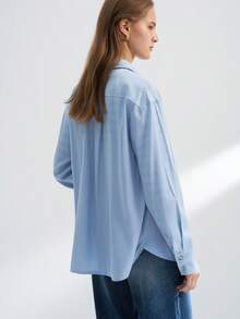 INAWLY Áo sơ mi dài tay cài nút màu trơn thường ngày dành cho nữ - Màu xanh nhạt - Xem 4