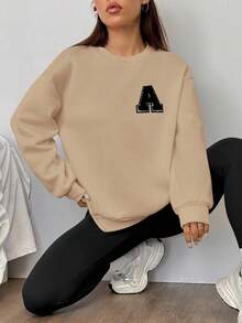 SHEIN EZwear 女士秋冬新款运动卫衣和紧身裤套装 - 卡其色 - 查看 3