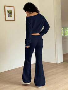 SHEIN EZwear Women's Casual Everyday Commute Simple Solid Navy Asymmetrical Neck Drop Shoulder Loose Cropped Sweatshirt And Flared Sweatpants 2 Pieces Set, Spring/Autumn Tall Two Piece Set Casual 2 Piece Set Long Sleeve Two Piece Set Pants Two Piece Set Comfortable Two Piece Set - Navy Blue - View 2
