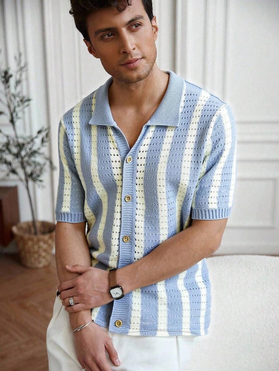 RONVEXI Men's Contrast Striped Short Sleeve Knit Top, Suitable For Summer - Baby Blue - View 1