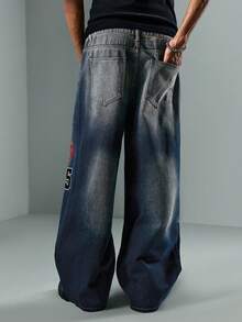 ROMWE MEN Grunge Punk Jeans rectos y sueltos con bordados y bolsillos para hombre, moda urbana - Azul - Ver 8