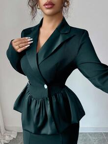 Modelyn Set de costum de damă cu talie tip patchwork din material negru, cu tiv tip coadă de pește