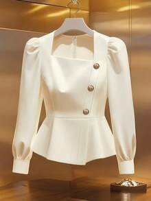 GlowEve 女式不对称领泡泡袖长袖休闲纯色衬衫，春夏