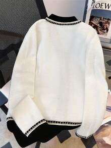 GlowEve Soft & Gentle V-Neck Fashionable Contrast Color Casual Versatile Women Knitted Cardigan, Autumn/Winter - White - View 2