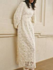 Cévolie 女式中式立领灯笼袖优雅蕾丝刺绣腰部收腰中长连衣裙，米色 - 米色 - 查看 7
