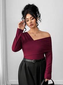 Selianne Plus Size Solid Color One Shoulder Long Sleeve Fitted Top - Burgundy - View 5
