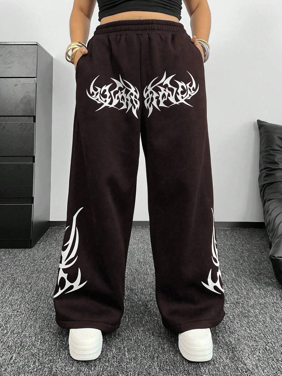 POPSWAY Calça Jogger Casual Reta e Solta com Estampa Floral Gótica Plus Size, Adequada para Formatura, Volta às Aulas, Roupas de Professor - Café - Visão 1
