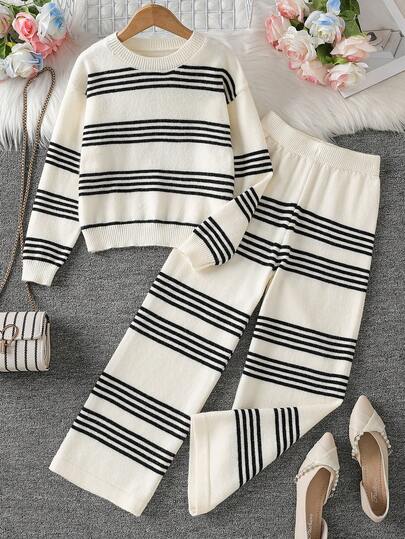 Sparklyn Tween Girls Striped Knit Sweater Set, Soft & Comfortable, Suitable For Daily, Outdoor, Travel, Vacation, Home, Daycare, And Children's Play Girls Sweater Sets Tween Matching Set Knit Casual Two Pieces Set Women Two Pieces Sets Preppy Two Pieces Set Girls Sweater Sets Girls Lounge Set Tween Matching Set Knit Girls Spring And Autumn Suit Girl Knit Set Sweater Pants Set Girls Sweater Sets Casual Two Pieces Set Long Sleeve Two Pieces Set Women 2 Pieces Pants Suit Girls Sweater Sets Tween Matching Set Knit Girl Winter Clothes Teen Girls Sets Girl Clothes Autumn And Winter Clothes Girl Knit Set Two Pieces Pant Set Matching Knit Outfit Two Pieces Knit Set Women Knit Set Knit Matching Set