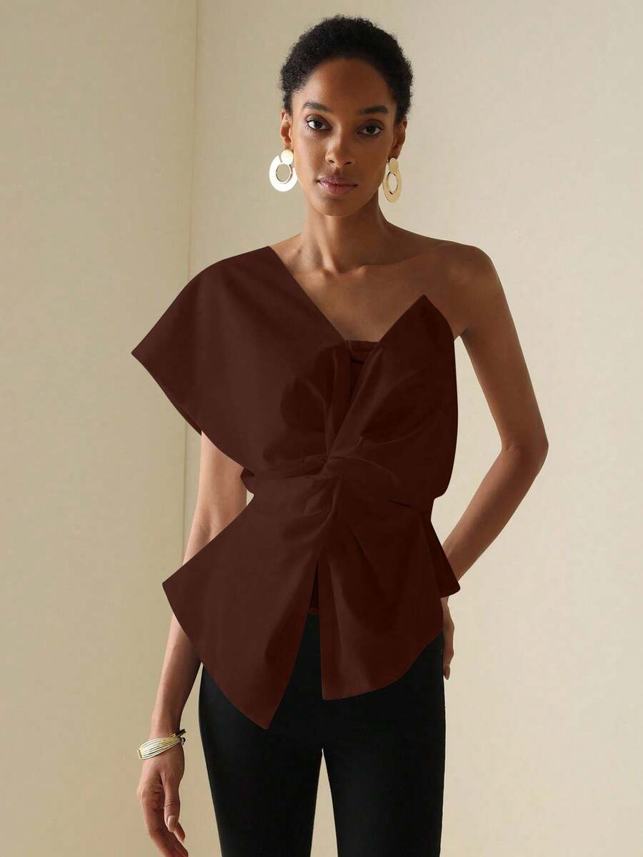 Vesra Women's Solid Color Minimalist Twist + One Shoulder Blouse - Rust Brown - View 1