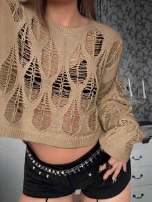 Whyspr 加大码朋克风格圆领镂空破洞套头毛衣，休闲落肩针织上衣 - 卡其色 - 查看 1