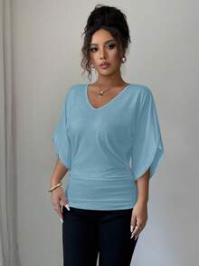Elenzga Women's Solid Color Mid-Sleeve Cinched Waist Ruched Batwing Sleeve V-Neck Short Sleeve T-Shirt - Blue - View 3
