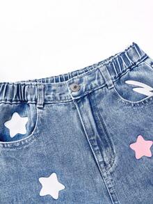 ChillGRL Tween Girls' Sweet & Cute Casual Fashion Washed Blue High Waist Elastic Waistband Five-Pointed Star & Heart Print Wide Leg Jeans, Suitable For Daily School, Weekend Outing, And Party Occasions