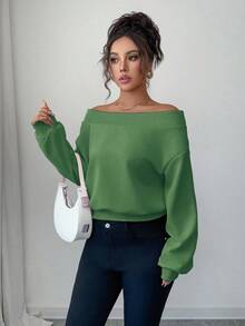 SHEIN Elenzya Elegante y romántica sudadera con hombros descubiertos, adecuada para vacaciones y viajes - Verde - Ver 5