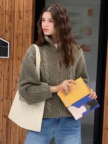 DAZY Teen Girl Solid Color Half Zip Turtleneck Long Sleeve Pullover Sweater, Autumn/Winter - Green - View 3