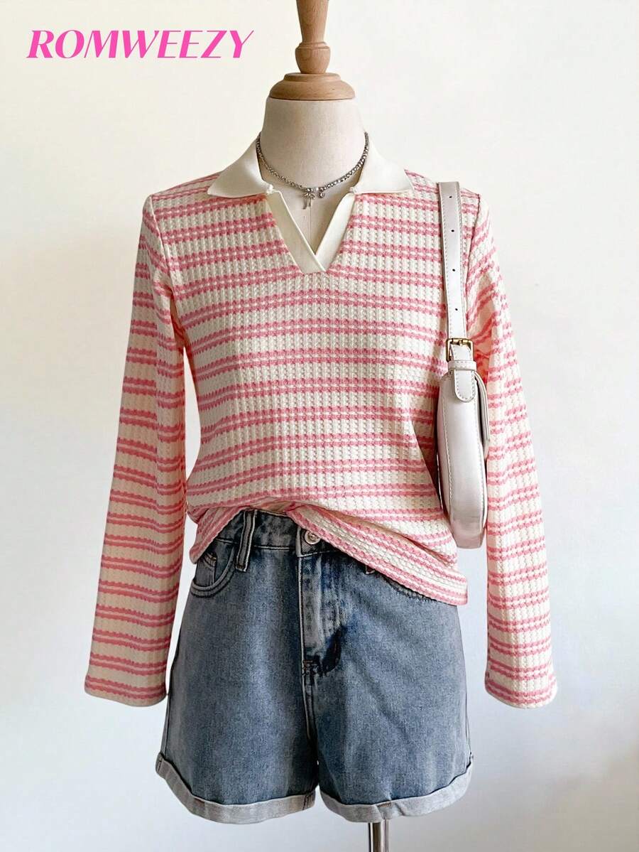 Sparklyn Girls Striped V-Neck Long Sleeve Base Layer T-Shirt, Autumn/Winter - Pink - View 1