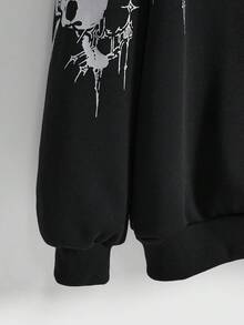 Grunge Punk Women's Y2K Punk Halloween Skull Print Fuzzy Hooded Loose Sweatshirt, Autumn/Winter - Black - View 3