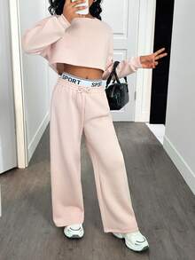 SHEIN Tween Girls Pastel Pink Autumn Cow Boy School Back-To-School Casual Loose Drop Shoulder Sweatshirt & Pleated Letter Waistband Sweatpants 2 Piece Set - Baby Pink - View 3