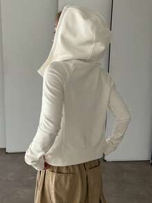 DAZY Women Solid Color Hoodie Jacket With Pockets, Long Sleeve,Long Sleeve Tops,Fall Clothes Sweatshirt Jacket Zip Up - White - View 2